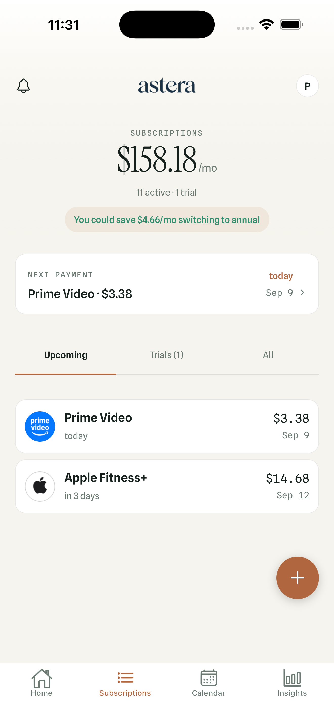 Astera app screen